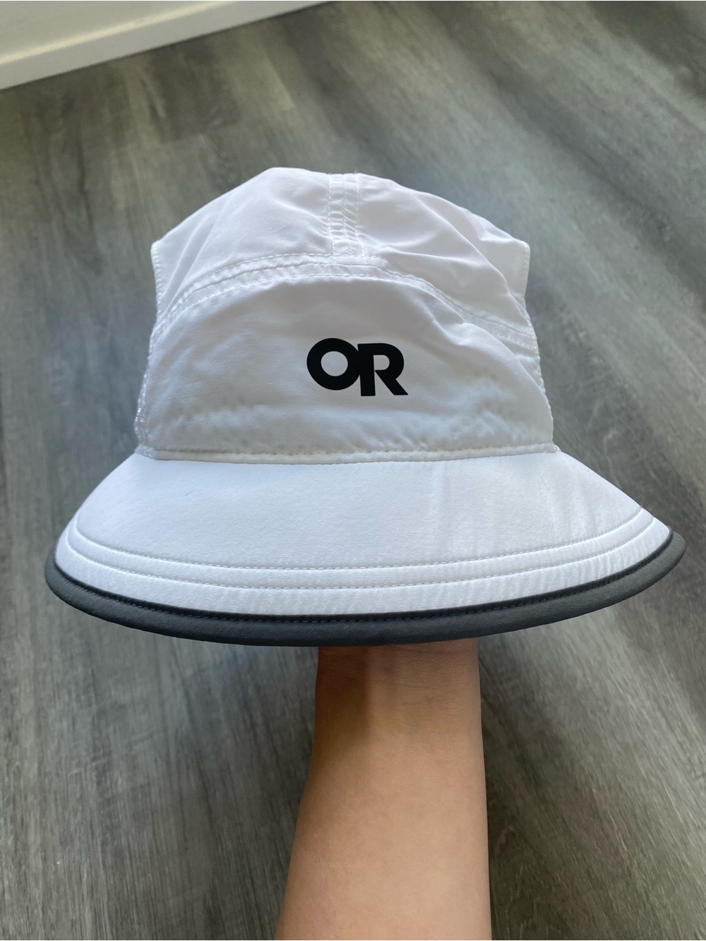 Outdoor Research White Bucket Hat with Black OR Logo and Gray Brim Edge